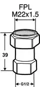 Gerade Übergangshülse aus Metall für Gewinderohre, mit M22-Anschluss, G1/2-Gewinde, hergestellt von IMI Hydronic Engineering. Technische Zeichnung mit Maßen.
